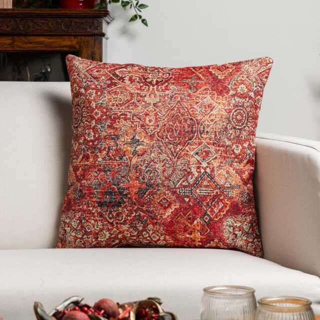 Persia Tapestry Cushion. Warm Tones in Red, Grey & Brown Geometric Regal Print. 17x17 - image 1