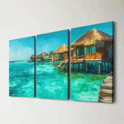 Maldives Villas 3 Panel Split Canvas Wall Art Tropical Ocean Paradise Turquoise Sea Oil Painting Framed Home Decor Travel Gift - thumbnail 1