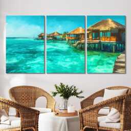 Maldives Villas 3 Panel Split Canvas Wall Art Tropical Ocean Paradise Turquoise Sea Oil Painting Framed Home Decor Travel Gift - thumbnail 2