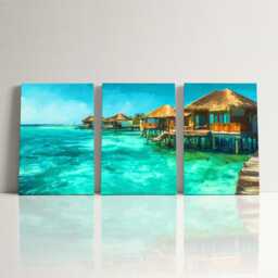 Maldives Villas 3 Panel Split Canvas Wall Art Tropical Ocean Paradise Turquoise Sea Oil Painting Framed Home Decor Travel Gift - thumbnail 3