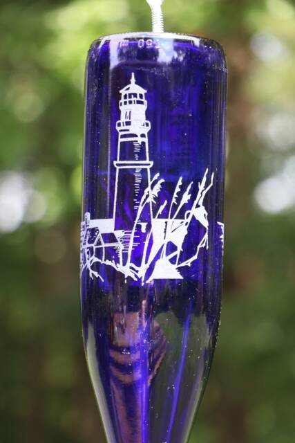 New Etched Lighthouse Recycled Wine Bottle Hummingbird Or Bird Feeder - image 1