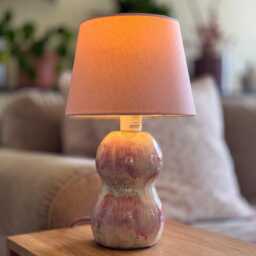 Handmade Ceramic Table Lamp - Pink & White Glaze Unique Romantic Bedside Light With Cotton Lampshade - thumbnail 2