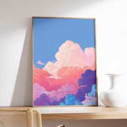 Anime Cloud Art Print, Pastel Sky Wall Decor, Lofi Poster, Vaporwave Pink Purple Print - thumbnail 2