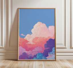 Anime Cloud Art Print, Pastel Sky Wall Decor, Lofi Poster, Vaporwave Pink Purple Print - thumbnail 1
