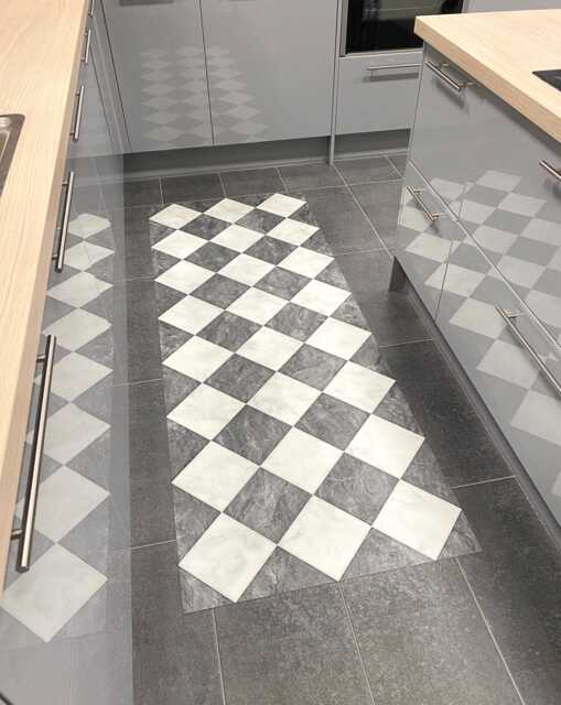 Checkered Kitchen Floor Mat, Black & White Vinyl Rug, Patterned Marble Tile Effect Runner - image 1