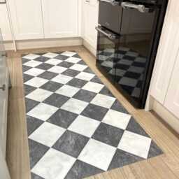 Checkered Kitchen Floor Mat, Black & White Vinyl Rug, Patterned Marble Tile Effect Runner - thumbnail 3