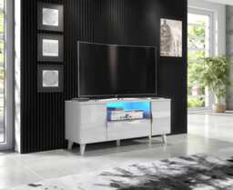Furneo White Tv Stand 120cm Unit Cabinet Matt & High Gloss Azzurro 08 Brushed Gold Handles Led Lights - thumbnail 1