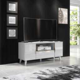 Furneo White Tv Stand 120cm Unit Cabinet Matt & High Gloss Azzurro 08 Brushed Gold Handles Led Lights - thumbnail 3