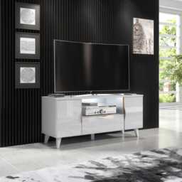 Furneo White Tv Stand 120cm Unit Cabinet Matt & High Gloss Azzurro 08 Brushed Gold Handles Led Lights - thumbnail 2
