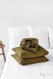 Olive Green Linen Sheet Set - Earthy Stonewashed Bedding Breathable Flat Sheet, Fitted Pillowcases Pure Oeko-Tex Certified - thumbnail 1