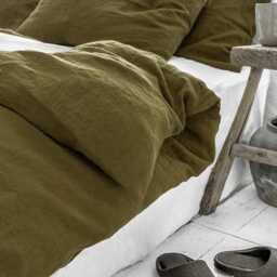 Olive Green Linen Sheet Set - Earthy Stonewashed Bedding Breathable Flat Sheet, Fitted Pillowcases Pure Oeko-Tex Certified - thumbnail 2