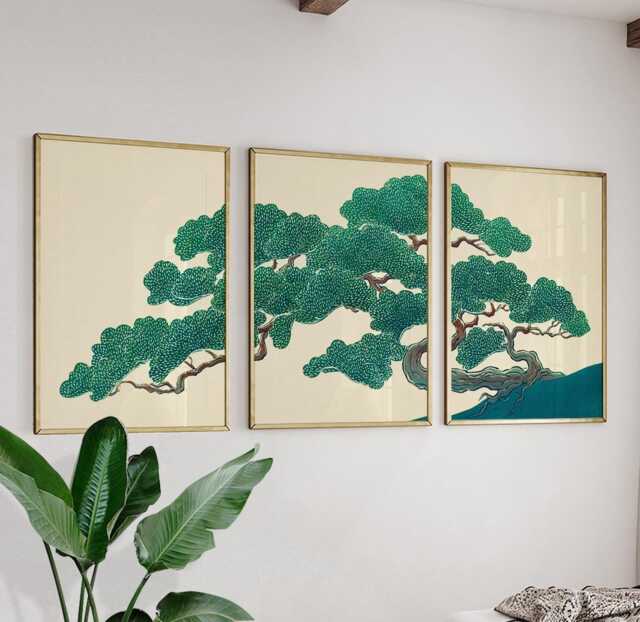 Green Japanese Pine Tree Poster Set - Botanical Landscape Wall Art Minimalist Nature Prints - image 1
