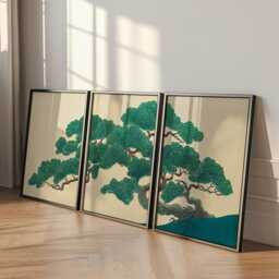 Green Japanese Pine Tree Poster Set - Botanical Landscape Wall Art Minimalist Nature Prints - thumbnail 2