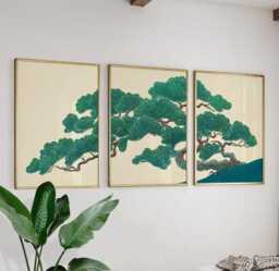 Green Japanese Pine Tree Poster Set - Botanical Landscape Wall Art Minimalist Nature Prints - thumbnail 1