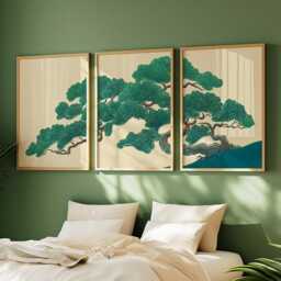 Green Japanese Pine Tree Poster Set - Botanical Landscape Wall Art Minimalist Nature Prints - thumbnail 3