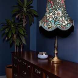Handcrafted William Morris Black Floral Fabric Lampshade Slate Blue Braid, Fringe, Bespoke British Made - thumbnail 3