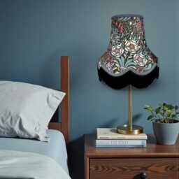 Handcrafted William Morris Black Floral Fabric Lampshade Slate Blue Braid, Fringe, Bespoke British Made - thumbnail 2