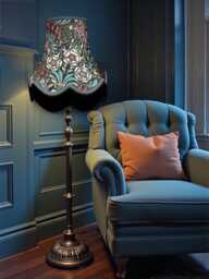 Handcrafted William Morris Black Floral Fabric Lampshade Slate Blue Braid, Fringe, Bespoke British Made - thumbnail 1