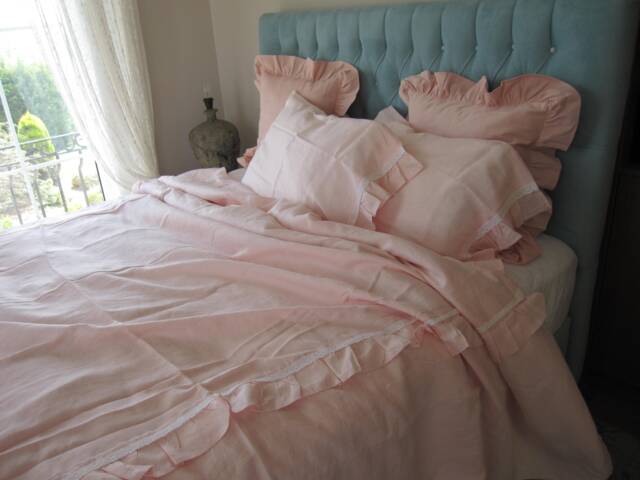 King Queen Ruffled Linen Duvet Cover Pillowcases Solid White Ivory Pink Blue Gray - Cotton Lace Trim -Romantic Shabby Chic Bedding Oversized - image 1
