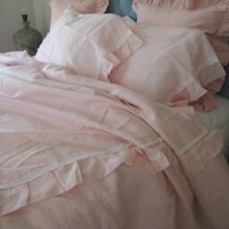 King Queen Ruffled Linen Duvet Cover Pillowcases Solid White Ivory Pink Blue Gray - Cotton Lace Trim -Romantic Shabby Chic Bedding Oversized - thumbnail 2
