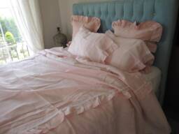 King Queen Ruffled Linen Duvet Cover Pillowcases Solid White Ivory Pink Blue Gray - Cotton Lace Trim -Romantic Shabby Chic Bedding Oversized