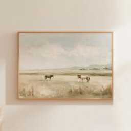 Horse Meadow Poster, Neutral Pasture Print, Country Wall Art, Paper - thumbnail 1