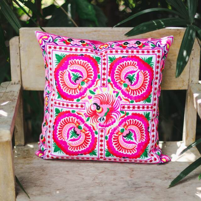 16x16 Embroidered Peony Pillow Cover, Hmong Hill Tribe Decor - Cs101Whipe - image 1