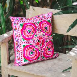 16x16 Embroidered Peony Pillow Cover, Hmong Hill Tribe Decor - Cs101Whipe - thumbnail 3