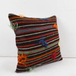 Handmade Turkish Kilim Pillow Embroidered Wool Cushion - 18''x18'' - thumbnail 2
