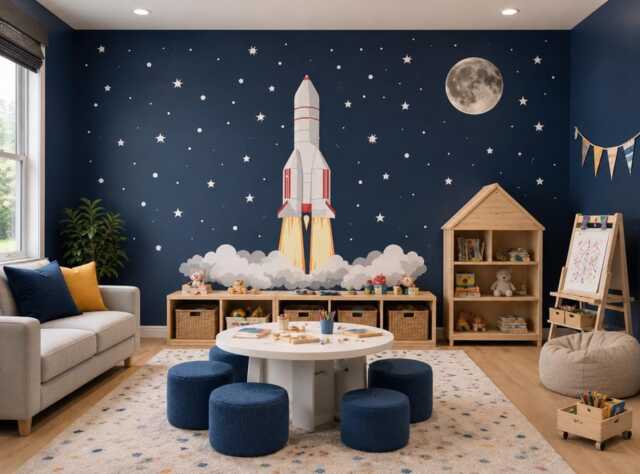 Rocket Ship Wall Decals With Moon & Stars - Space Nursery Decals, Peel & Stick Removable Reusable, Boys Bedroom/Playroom Decor - image 1