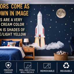 Rocket Ship Wall Decals With Moon & Stars - Space Nursery Decals, Peel & Stick Removable Reusable, Boys Bedroom/Playroom Decor - thumbnail 4