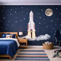 Rocket Ship Wall Decals With Moon & Stars - Space Nursery Decals, Peel & Stick Removable Reusable, Boys Bedroom/Playroom Decor - thumbnail 2
