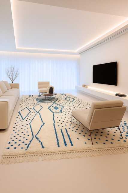 Blue Moroccan Wool Rug, Beige Geometric Berber Carpet, Handmade - image 1