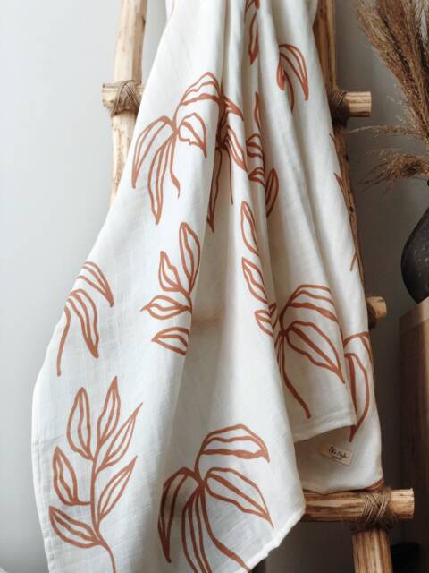 Muslin Baby Swaddle - Autumn Leaves, Organic Cotton & Bamboo, 120x120 cm - image 1
