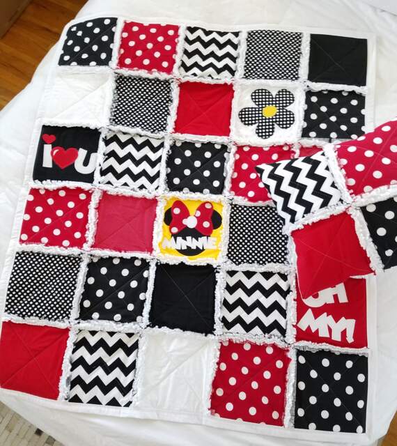 Personalized Mouse Baby Rag Quilt Red, Black & White Nursery Blanket - image 1