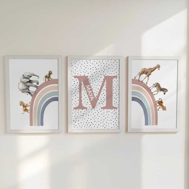 Personalised Name Safari Animal Prints, Boho Rainbow Nursery Wall Art, Set Of 3 Custom Initial Pictures, Polka Dot Art For Kids Room - image 1