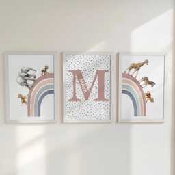 Personalised Name Safari Animal Prints, Boho Rainbow Nursery Wall Art, Set Of 3 Custom Initial Pictures, Polka Dot Art For Kids Room - thumbnail 1