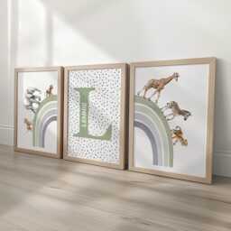 Personalised Name Safari Animal Prints, Boho Rainbow Nursery Wall Art, Set Of 3 Custom Initial Pictures, Polka Dot Art For Kids Room - thumbnail 2
