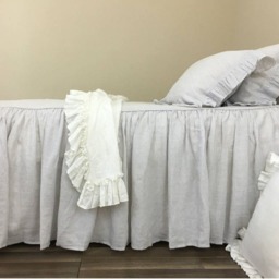 Stone Grey Ticking Striped Bedspread, Ruffled Bed Cover, Natural Linen Weaved Stripes - thumbnail 2