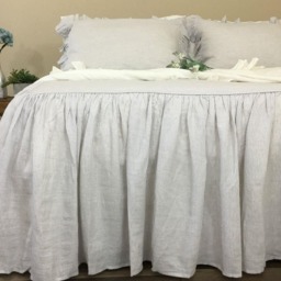 Stone Grey Ticking Striped Bedspread, Ruffled Bed Cover, Natural Linen Weaved Stripes - thumbnail 3
