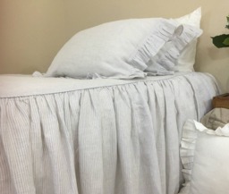 Stone Grey Ticking Striped Bedspread, Ruffled Bed Cover, Natural Linen Weaved Stripes - thumbnail 1