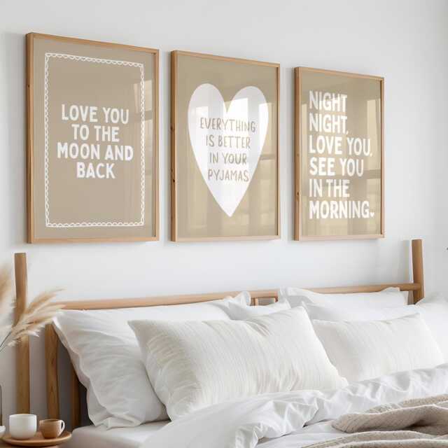 Beige Bedroom Art Prints Set Love You, Pyjamas, Night - image 1