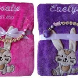 Baby Blanket Embroidered With Name + Pacifier Chain Gift Baby Baptism Birth Pink Turquoise Teddy Personalized Date Children's - thumbnail 4