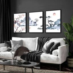 Home Decor Wall Hanging, Japandi Prints Cherry Blossom Art, Office Decor Gift, Zen Garden Set Of 3 Prints, Japanese Art - thumbnail 1