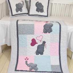 Baby Girl Blanket, Pink Gray Elephant Quilt, Blue Crib Bedding, Safari Nursery, Bedding Set, Blanket - thumbnail 2
