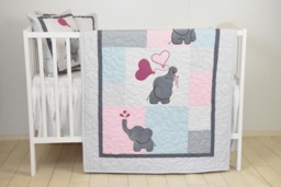 Baby Girl Blanket, Pink Gray Elephant Quilt, Blue Crib Bedding, Safari Nursery, Bedding Set, Blanket - thumbnail 1