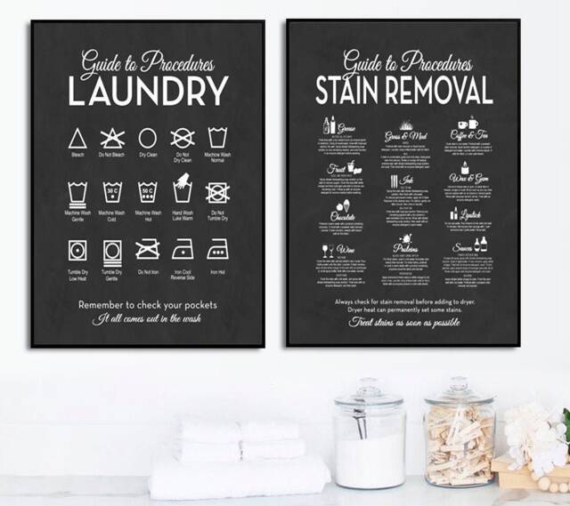 Laundry Wall Decor Art - Clothing Symbols Stain Removal Guide Set Of 2 Unique Modern Room Print, Framed Print Or Canvas Sign - image 1