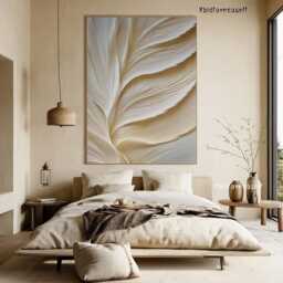 Hand-Carved Beige Wood Wall Art, Sculptured Texture Home Art, Framed Canvas - thumbnail 3