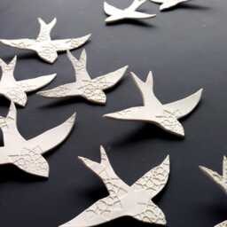 Original Wall Art, Green Porcelain Swallows Set Of 7, Modern Ceramic Birds - thumbnail 4