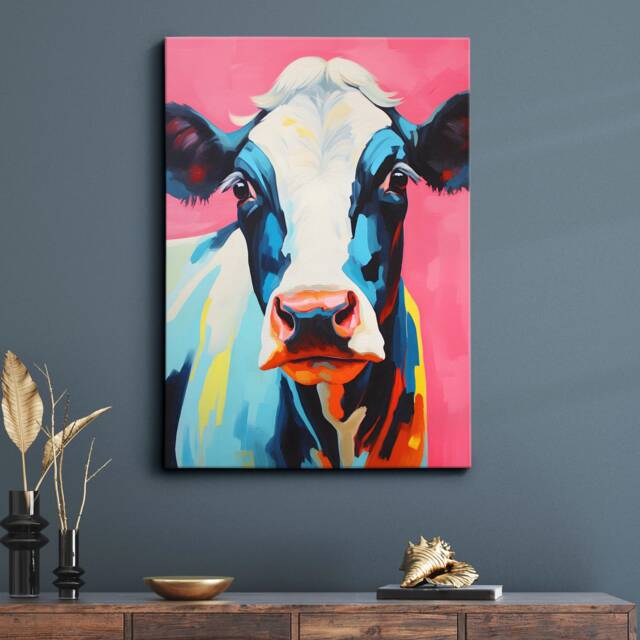 Colorful Cow Animal Abstract Oil Painting Splatter Style Wall Art, Framed Canvas Poster Print, Home Kitchen Office Room Decor, Gifts - image 1